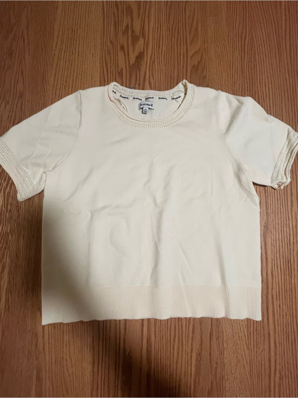 Bearpaw Sz XXL Crochet Short Sleeve Crewneck Top Blouse Cream Stretch Pullover
